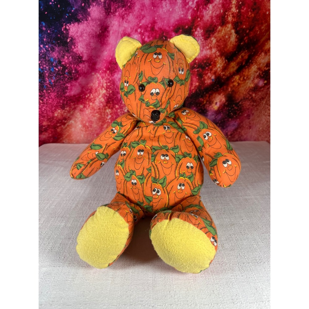 1990s Handmade Halloween Pumpkin Teddy Bear Orange Yellow Jack-O-Lantern
